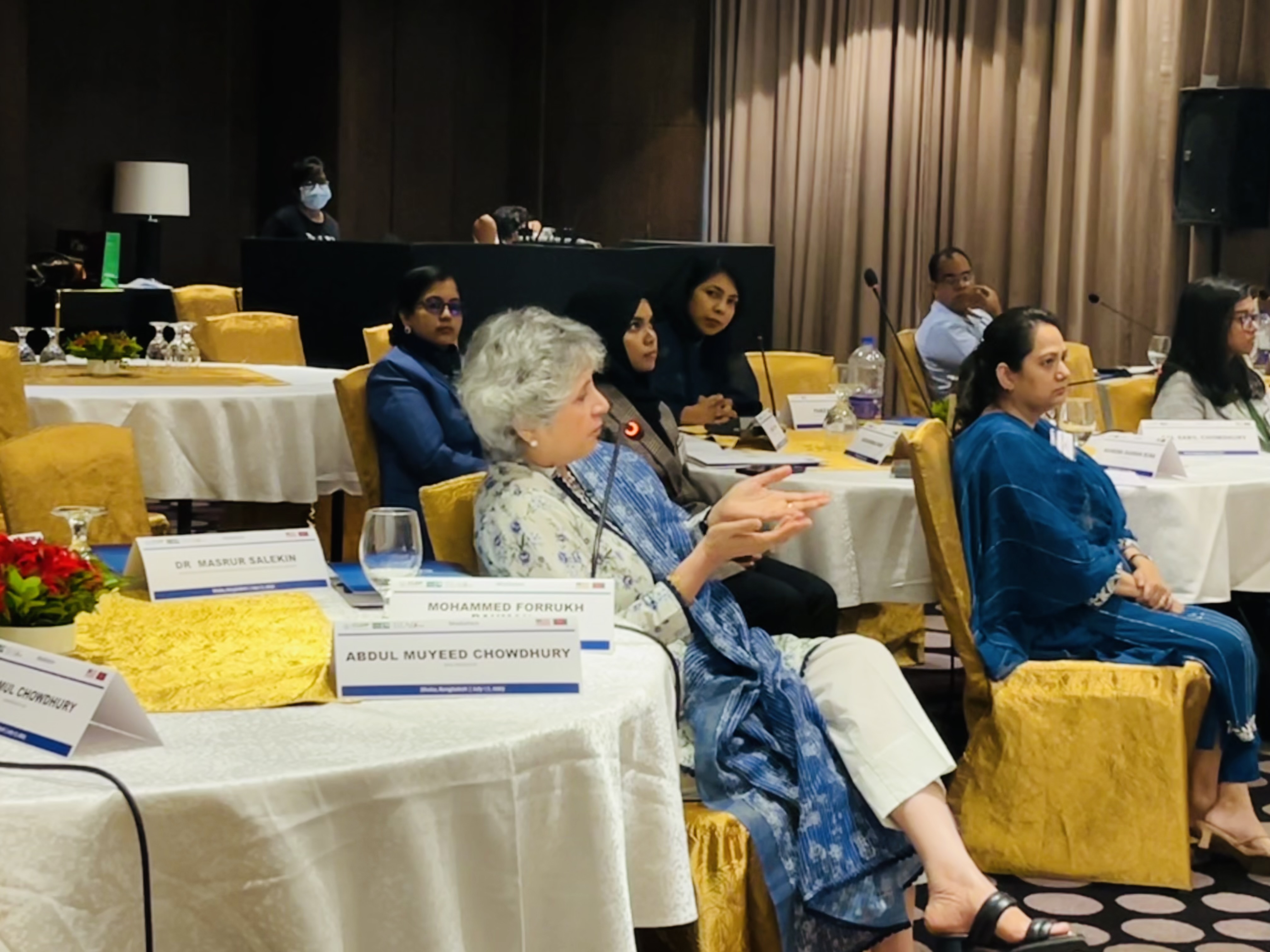 Older woman participant speaking. She is wearing traditional Bangladeshi clothes and has gray hair.