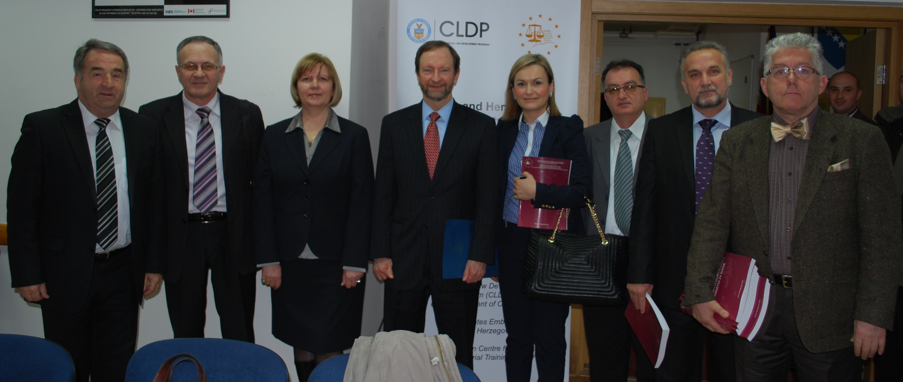 US Ambassador Moon with 5 of the BiH IP Benchbook authors and the Director and Deputy Director of the FBiH Center.